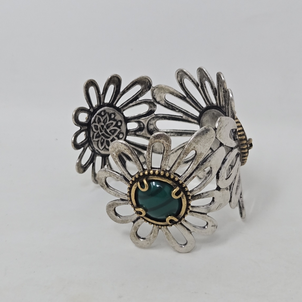 LUCKY BRAND Boho Southwest Faux Turquoise Malachite Flower Cuff Bracelet Western - Picture 5 of 15
